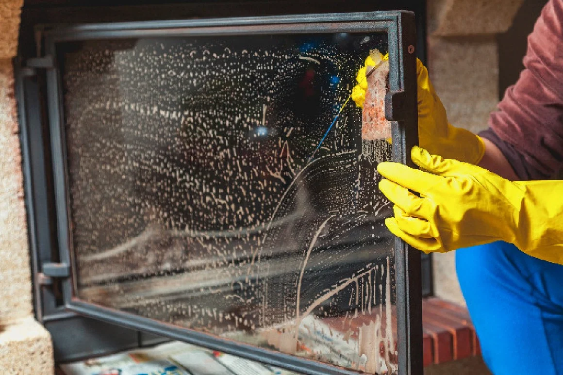 Person reinigt Ofenscheibe mit Schwamm